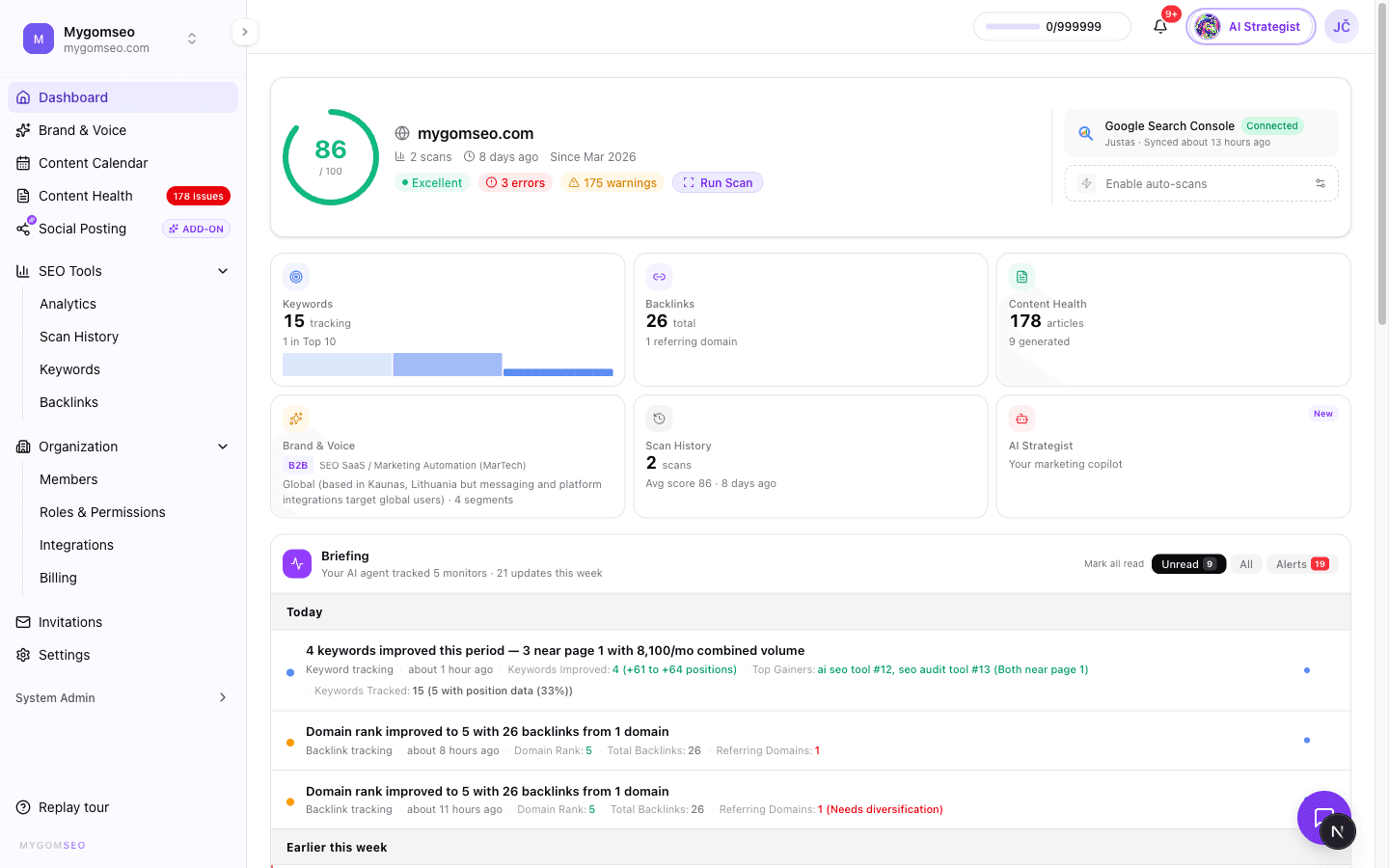 Dashboard showing AI agent briefing with keyword tracking findings, backlink monitoring alerts, site health score, and unread notification filters