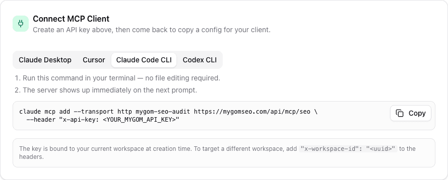 Mygom SEO MCP install card showing a one-line claude mcp add command that registers the mygom-seo-audit HTTP server