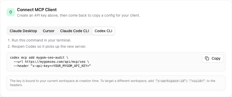Codex CLI install command for the mygom-seo-audit MCP server with the hosted URL and x-api-key header pre-filled