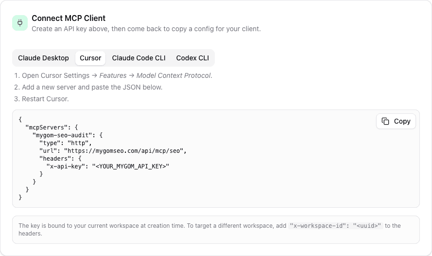 MCP install configuration for Cursor showing the mcpServers JSON block with an HTTP transport and x-api-key header