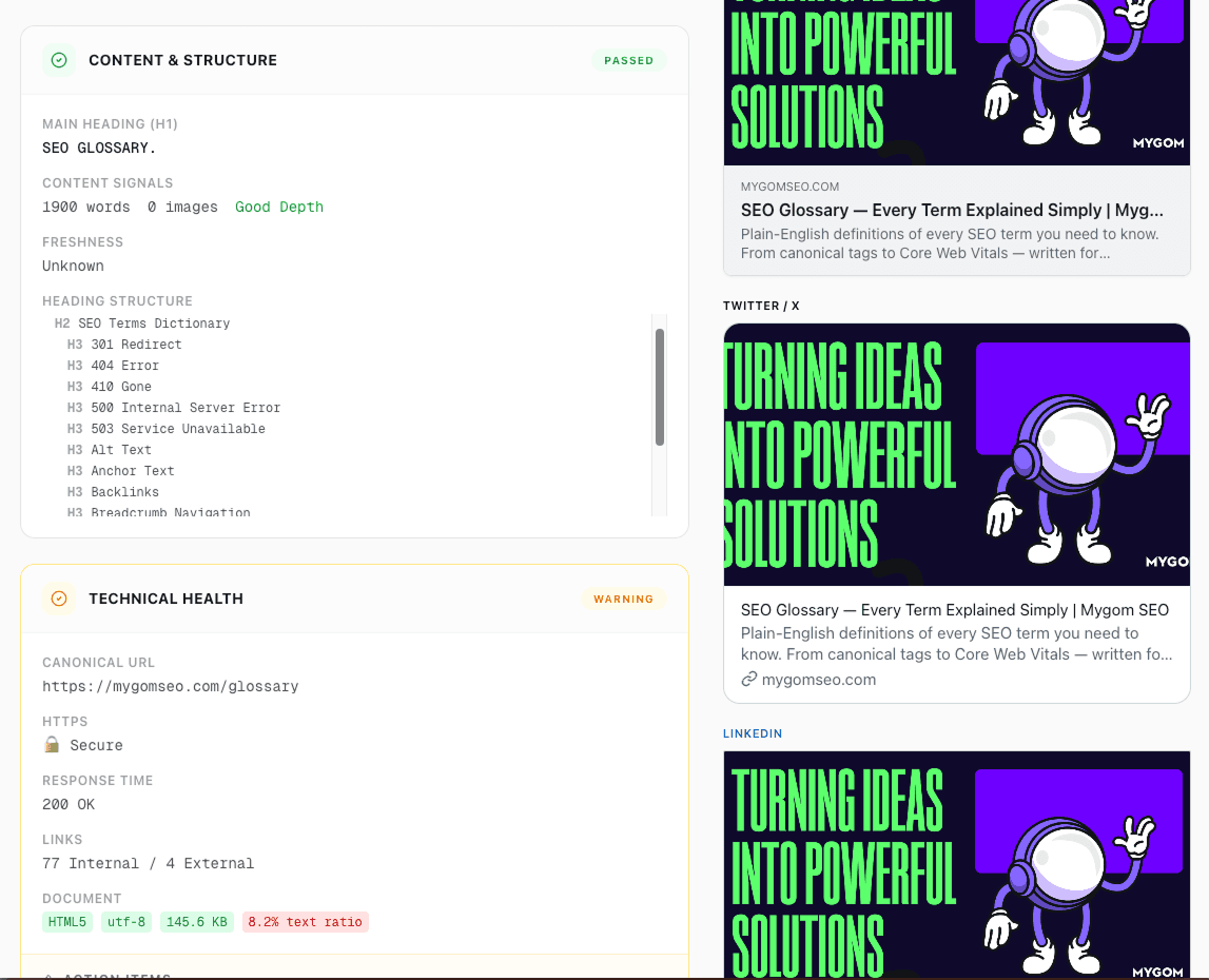 AI search readiness checker showing bot access status for ChatGPT, Claude, and Perplexity crawlers